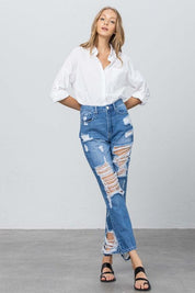 High Rise Destroyed Straight Jeans | Jeans Daverri Fashions
