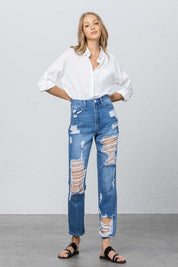 High Rise Destroyed Straight Jeans | Jeans Daverri Fashions