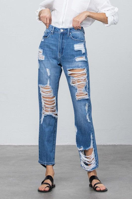 MEDIUM High Rise Destroyed Straight Jeans | Jeans Daverri Fashions