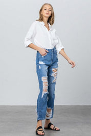 High Rise Destroyed Straight Jeans | Jeans Daverri Fashions