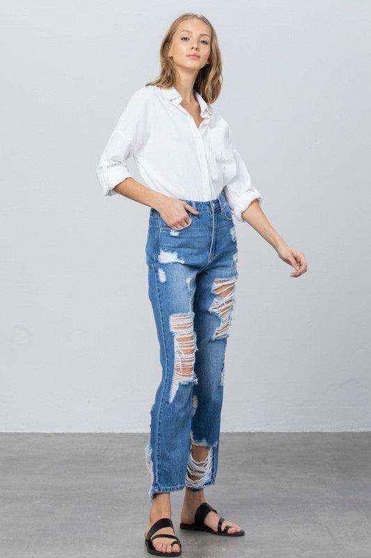 High Rise Destroyed Straight Jeans | Jeans Daverri Fashions