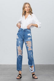 High Rise Destroyed Straight Jeans | Jeans Daverri Fashions