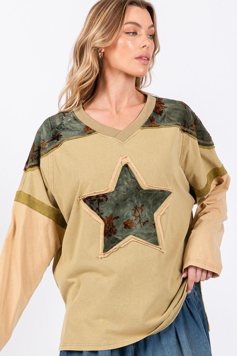 SAGE + FIG Star Patch Long Sleeve Color Block T-Shirt | T-Shirts Daverri Fashions