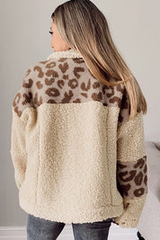 Pocketed Leopard Collared Neck Sherpa Jacket | Jackets Daverri Fashions