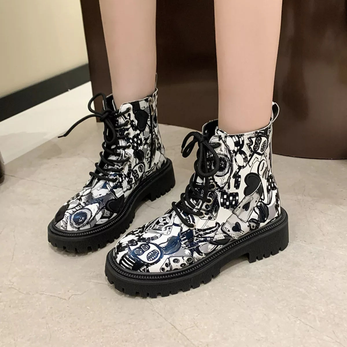 Graffiti Print Combat Boots with Colorful Street Art Design | Boots Daverri Fashions