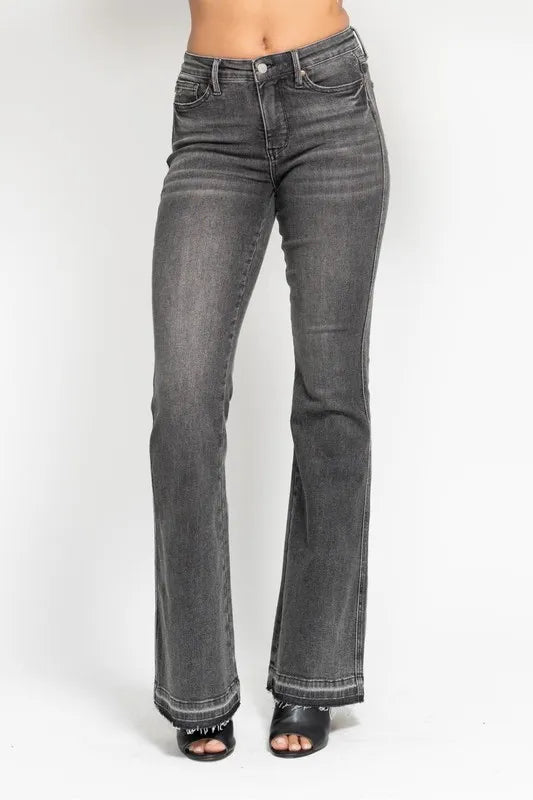 GRY 24W Judy Blue Full Size Mid Rise Tummy Control Washed Gray Release Hem Flare Jeans Plus Size | Daverri Fashions