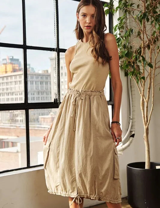 ADORA Drawstring Sleeveless Washed Dress | Midi Dresses Daverri Fashions