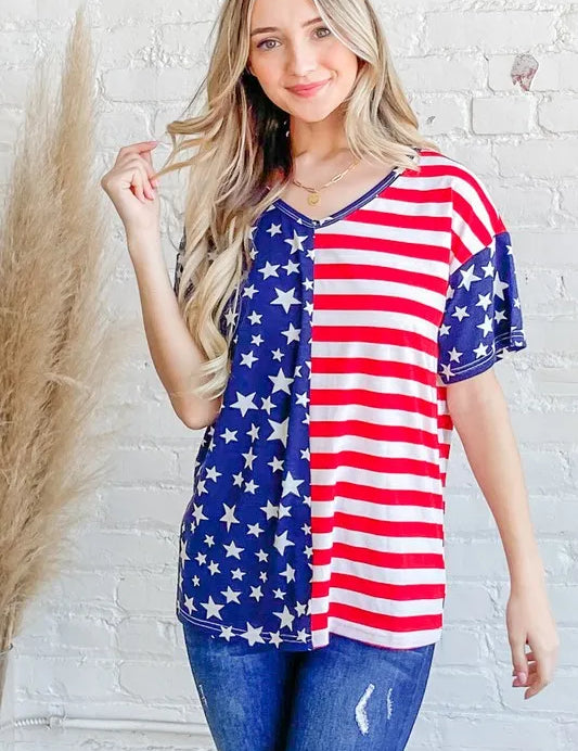 And The Why American Flag Short Sleeve Top | Tops Daverri Fashions
