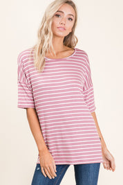 Mauve BOMBOM Striped Round Neck Half Sleeve T-Shirt | Daverri Fashions