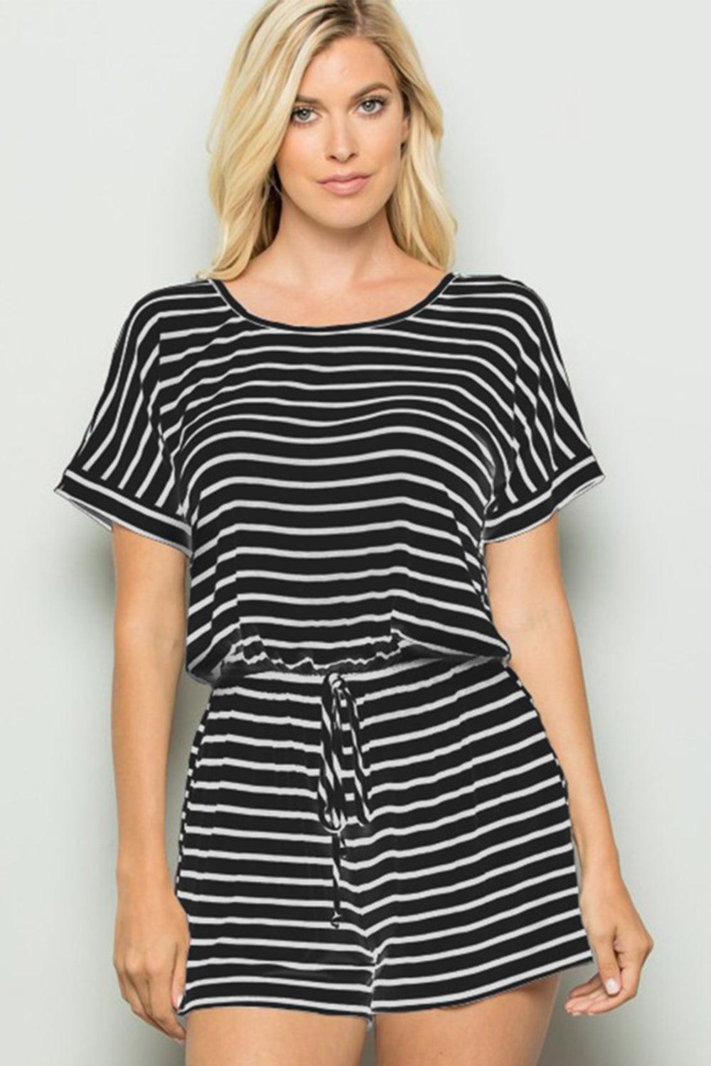 BLACKIVORY Heimish Full Size Striped Round Neck Short Sleeve Romper | Rompers Daverri Fashions