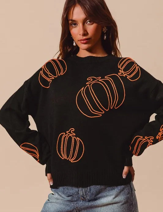 BLACK ORANGE S Pumpkin Embroidered Halloween Thanksgiving Sweater | Sweaters Daverri Fashions