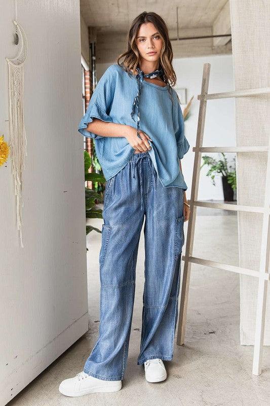 Mittoshop Washed Elastic Waist Cargo Wide Leg Pants | Cargo Pants Daverri Fashions