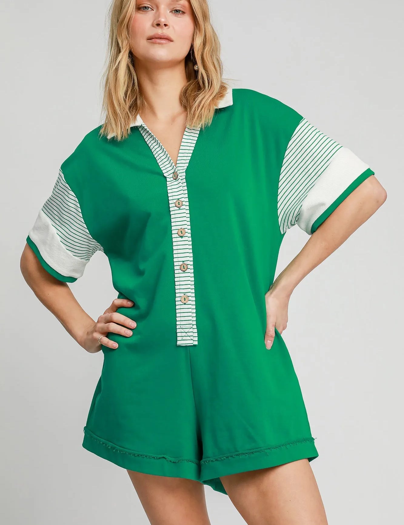 KELLY GREEN Umgee French Terry Collared Colorblock Romper | Daverri Fashions