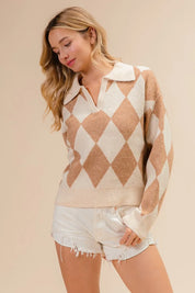 BiBi Diamond Pattern Collared Notch Neck Sweater | Sweaters Daverri Fashions