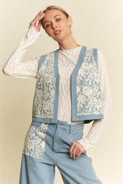 Light Davi & Dani Lace Patch Open Front Denim Vest | Denim Vests Daverri Fashions