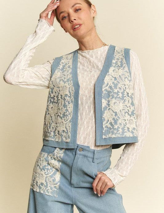 Light Davi & Dani Lace Patch Open Front Denim Vest | Denim Vests Daverri Fashions