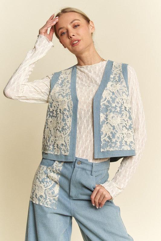 Light Davi & Dani Lace Patch Open Front Denim Vest | Denim Vests Daverri Fashions