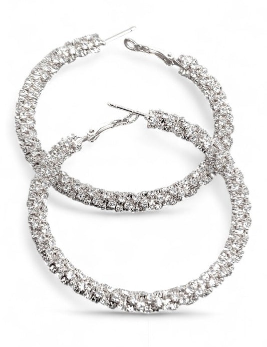 Silver Clear O S 60MM Iconic Rhinestone Hoops | Earrings Daverri Fashions