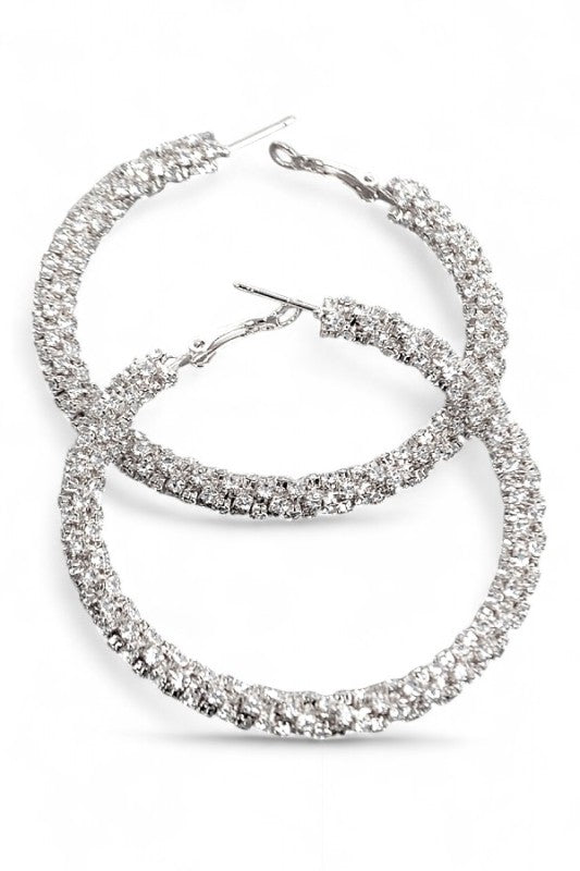 Silver Clear O S 60MM Iconic Rhinestone Hoops | Earrings Daverri Fashions