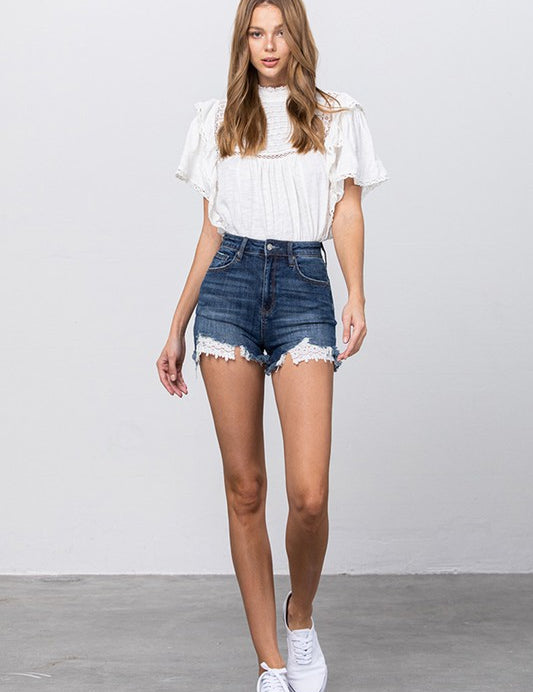DARK HIGH WAIST WITH LACE LINING TRIM SHORTS | Denim Shorts Daverri Fashions