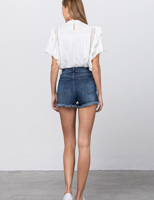 HIGH WAIST WITH LACE LINING TRIM SHORTS | Denim Shorts Daverri Fashions