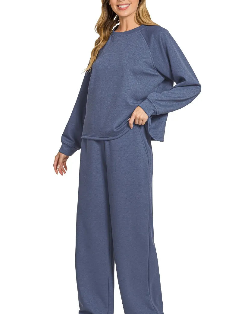 Zenana Scuba Crewneck Sweatshirt and Pants Set | Daverri Fashions