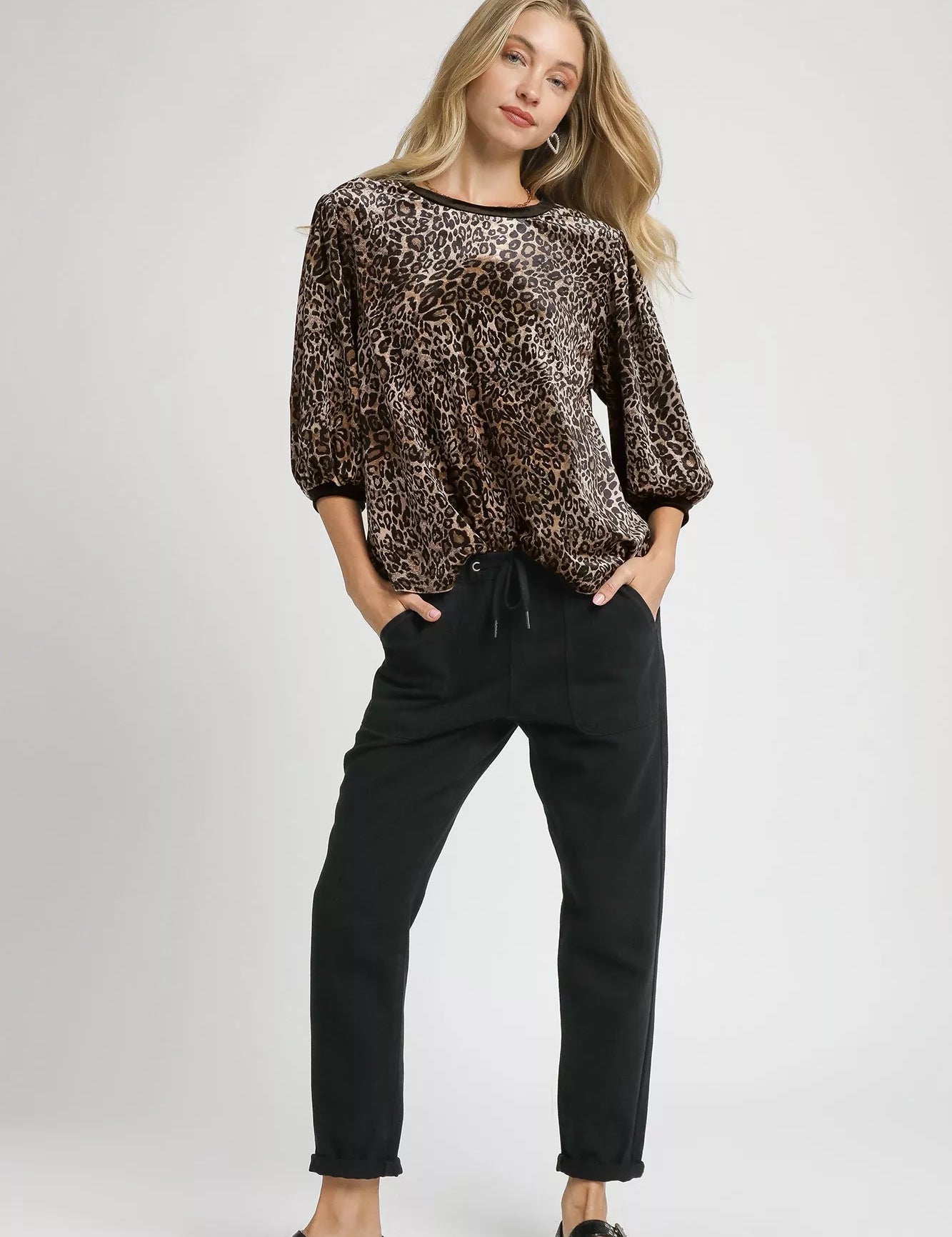 Umgee Leopard Round Neck Three-Quarter Sleeve Blouse | Blouses Daverri Fashions