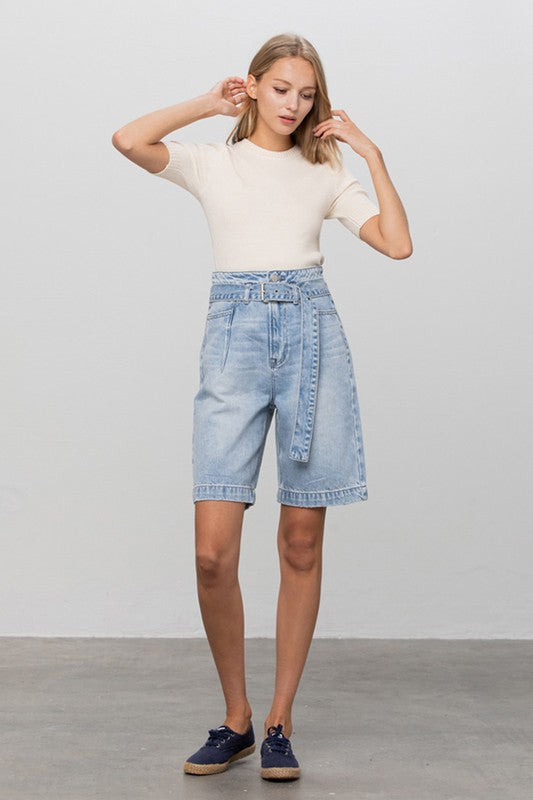 Self Belted Bermuda Denim Shorts | Shorts Daverri Fashions