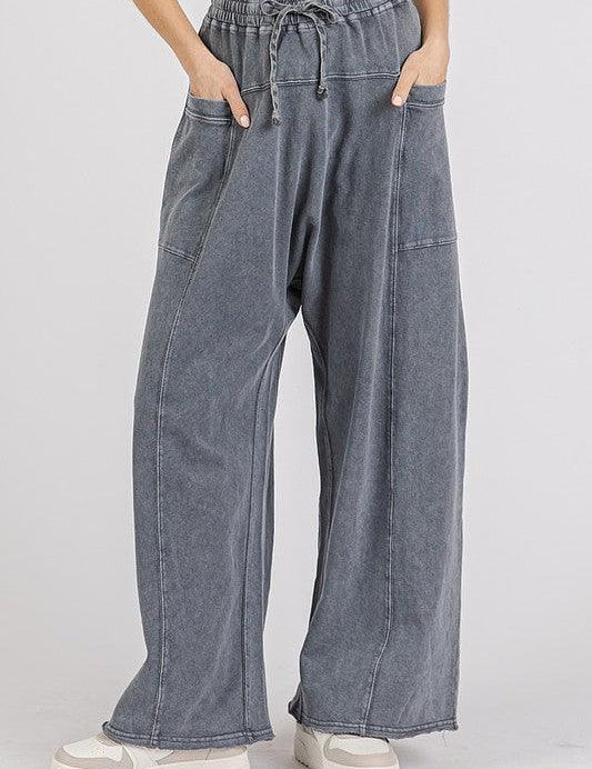 Midnight L Mittoshop Mineral Wash Elastic Waist Barrel Leg Baggy Pants | Pants Daverri Fashions