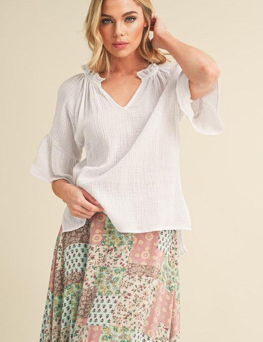 Aemi + Co Side Slit Notched Ruffled Half Sleeve Blouse | Blouses Daverri Fashions