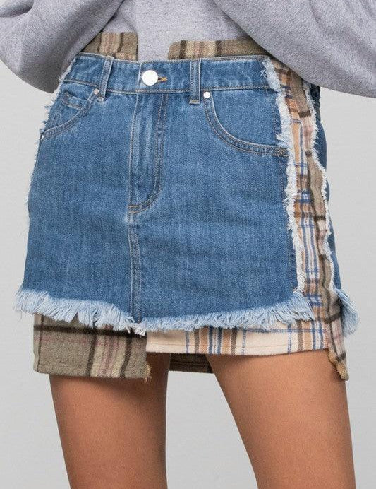 DARK Plaid Checker Mini Denim Skirt | Skirts Daverri Fashions