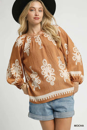 MOCHA Umgee Full Size Two Tone Border Print Top with Balloon Sleeves Plus Size | Tops Daverri Fashions