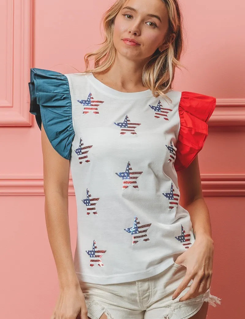 OFF WHITE BiBi American Flag Sequin Stars Top | Tops Daverri Fashions