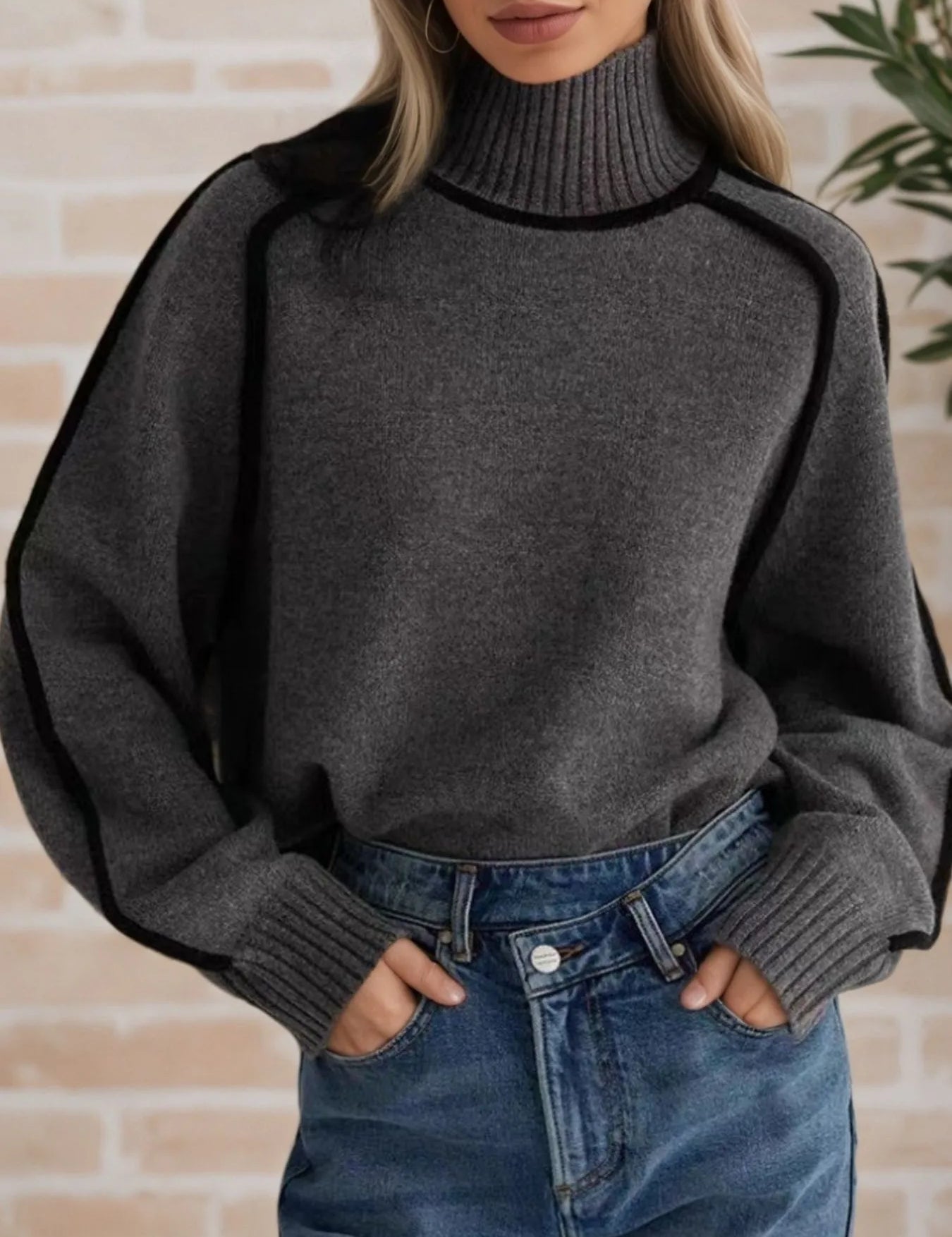 Contrast Trim Turtleneck Sweater | Sweaters Daverri Fashions