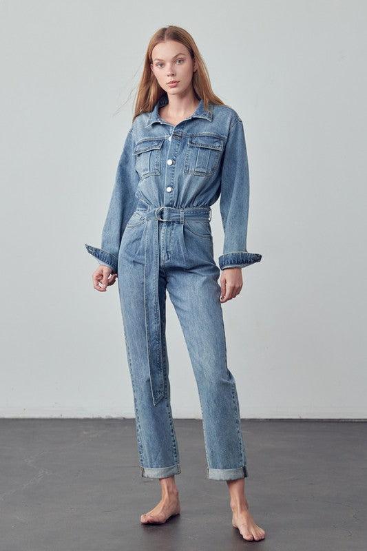 Belted Collared Button Front Denim Jumpsuit | Jeans Daverri Fashions