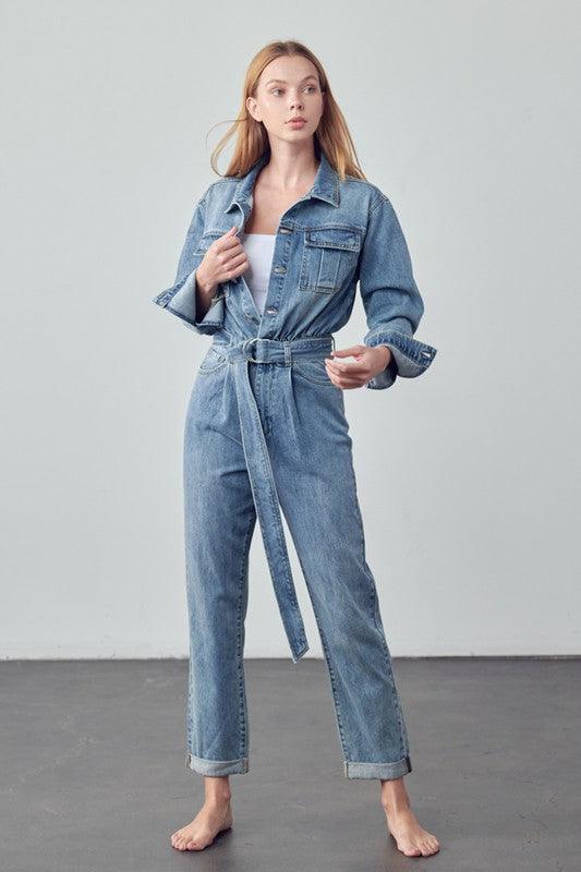 Medium Wash Belted Collared Button Front Denim Jumpsuit | Jeans Daverri Fashions