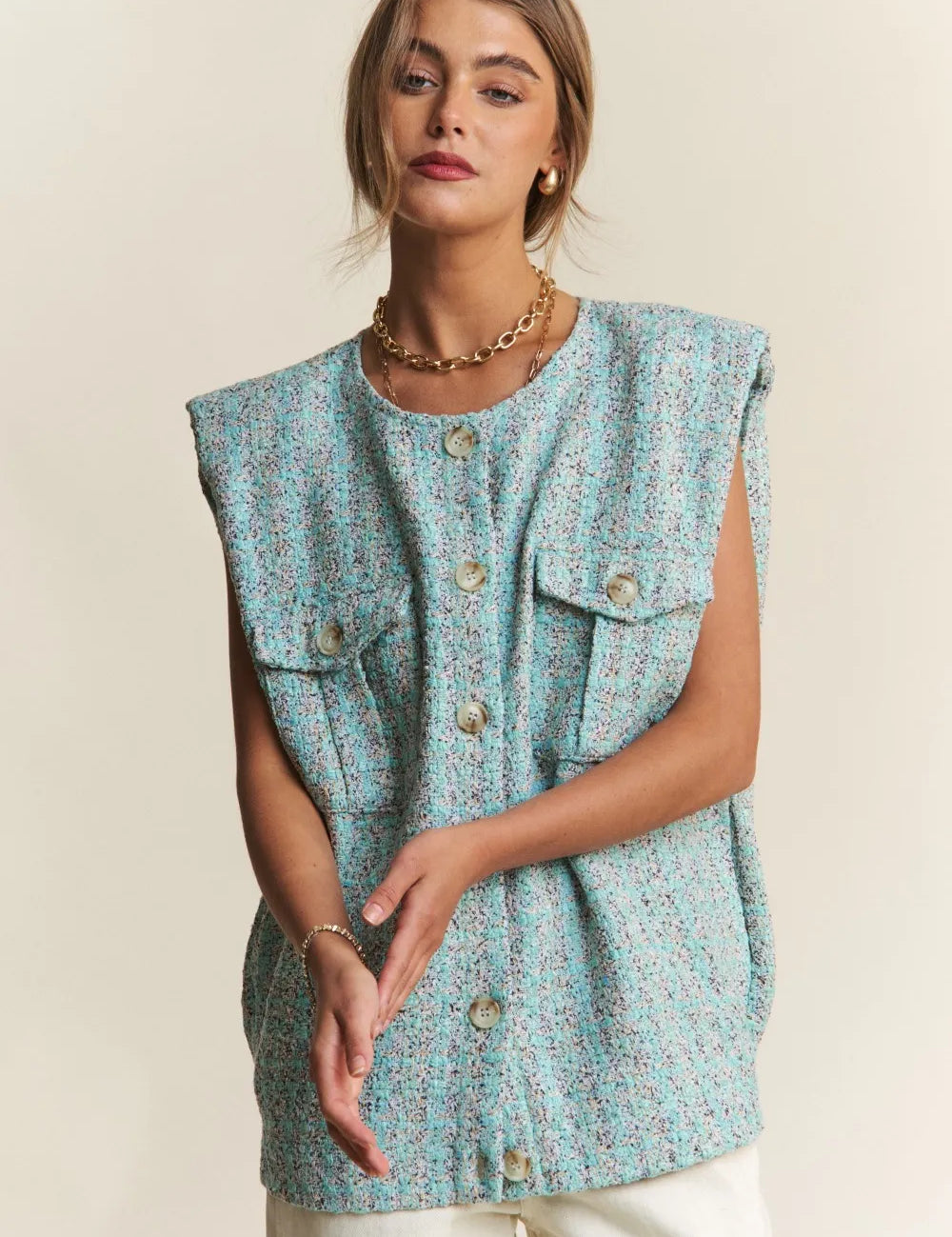 Celeste Blue S J.NNA Frayed Tweed Padded Shoulder Vest | Vests Daverri Fashions