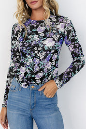 Black 95%Polyester+5%Elastane Floral Print Mesh Fitted Long Sleeve Top | Tops Daverri Fashions