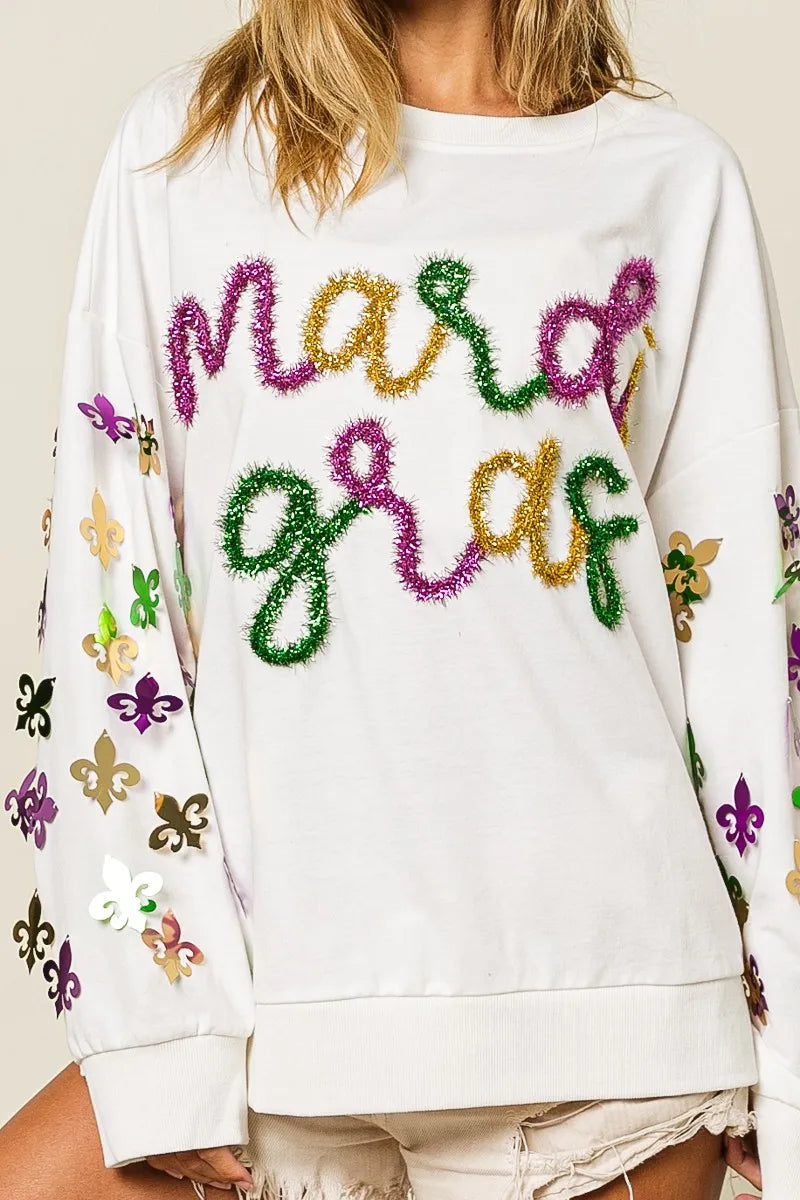 BiBi Fleur De Lis Sleeve Mardi Gras Pullover | Daverri Fashions