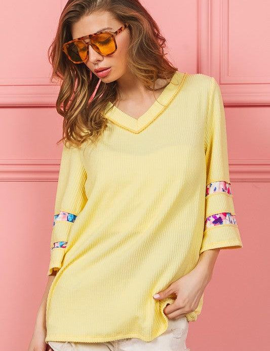 BiBi Cord Rib with Stitched Floral Contrast Top | Tops Daverri Fashions