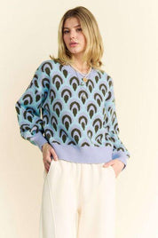 Davi & Dani Scale Jacquard Round Neck Drop Shoulder Sweater | Sweaters Daverri Fashions