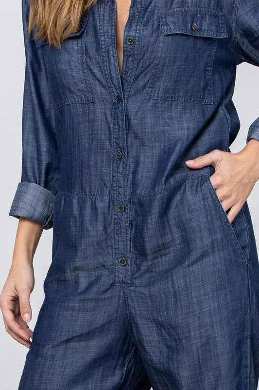 Denim Collared Button Front Tencel Jumpsuit - DAVERRI FASHIONS