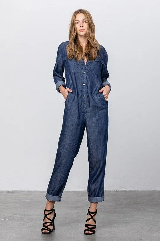 Denim Collared Button Front Tencel Jumpsuit - DAVERRI FASHIONS