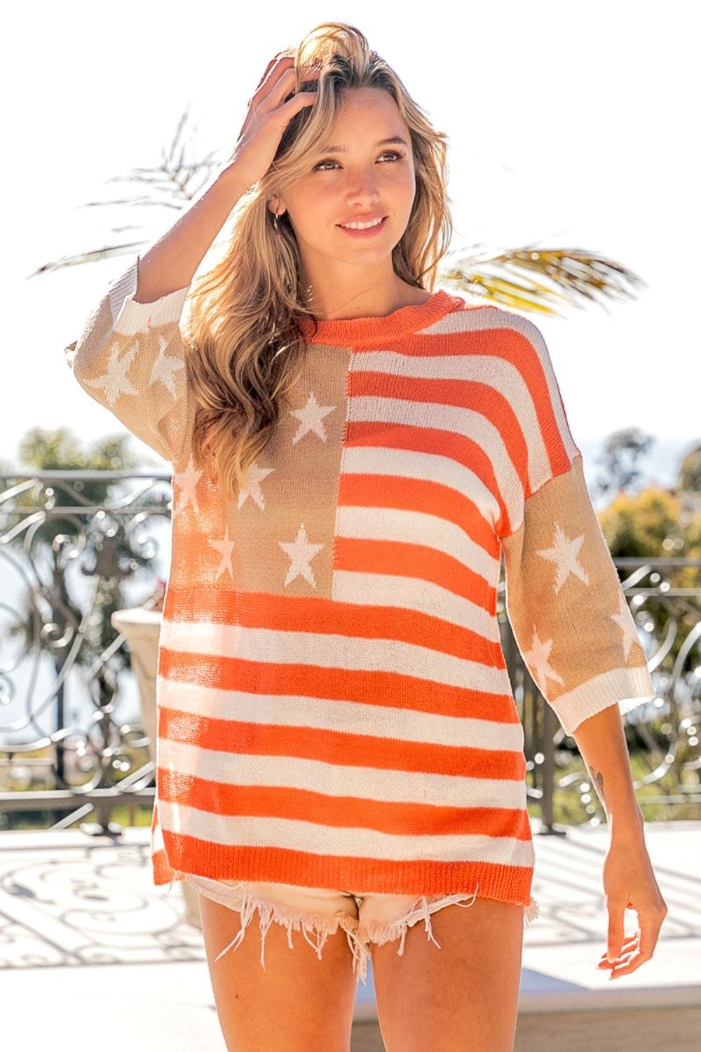 BiBi American Flag Round Neck Knit Top | Tops Daverri Fashions