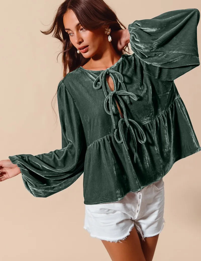 HUNTER SO ME Spaghetti Strap Front Tie Velvet Holiday Blouse | Daverri Fashions