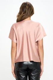 Beige Satin Cowl Neck Short Sleeve Top | Shirts & Tops Daverri Fashions