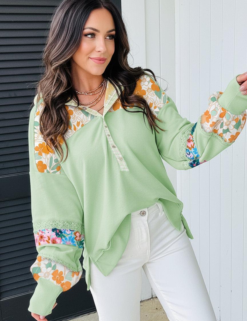 Lace Floral Patchwork Half Button Hooded Top | Tops Daverri Fashions