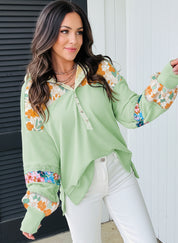 Lace Floral Patchwork Half Button Hooded Top | Tops Daverri Fashions