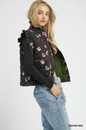 Umgee Ruffled Quilted Floral Snap Down Vest | Daverri Fashions