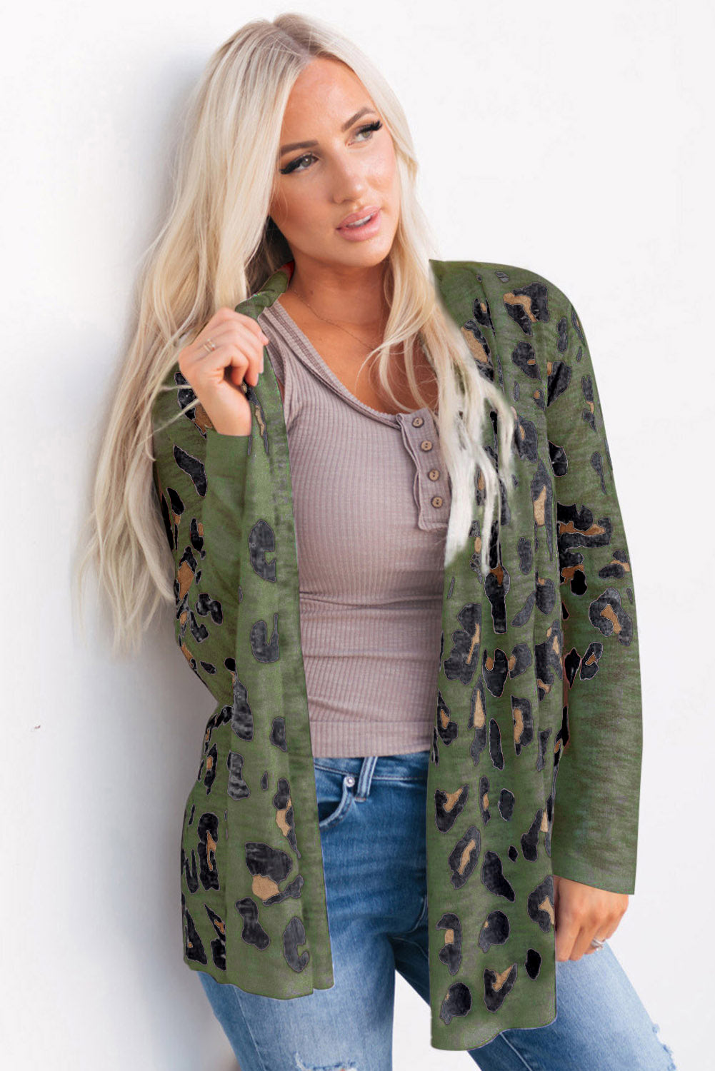 Army Green Printed Long Sleeve Cardigan | Cardigans Daverri Fashions
